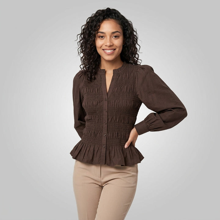 Dames Blouse met Smock Taille en V-Hals en Lange Mouwen