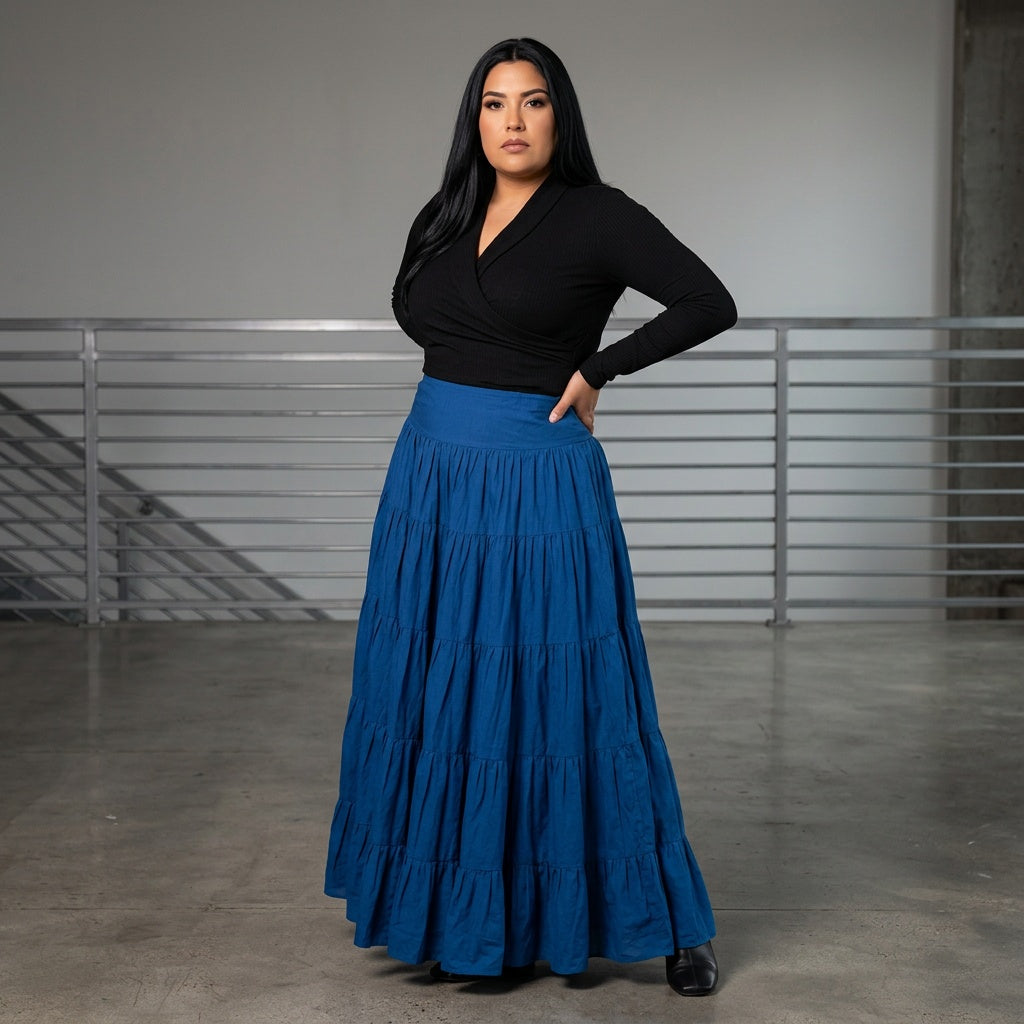 Dames Maxi Rok Gelaagd Blauw Lange Rok met Elastische