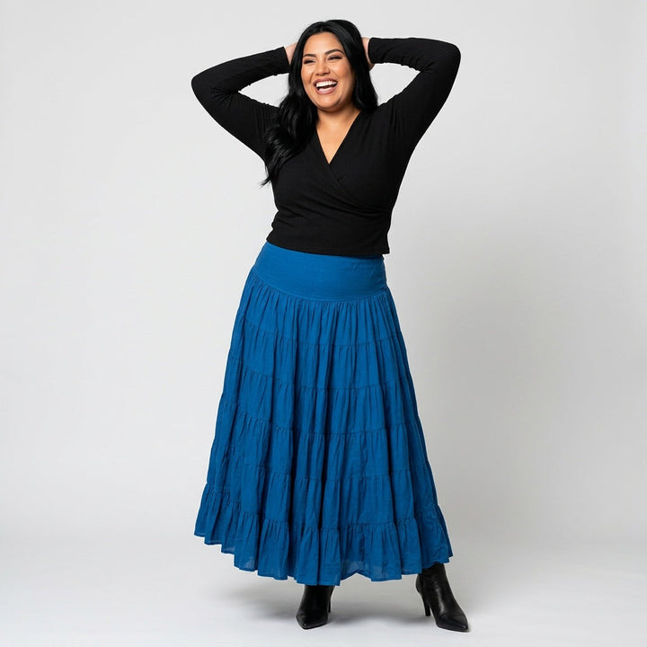 Dames Maxi Rok Gelaagd Blauw Lange Rok met Elastische
