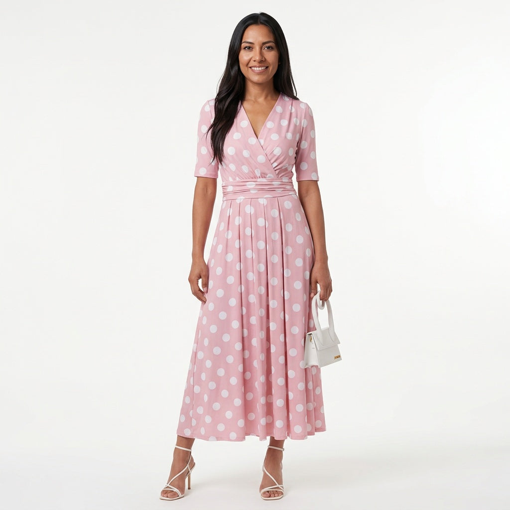 Dames Midi Wikkeljurk Roze met Polkadot Print