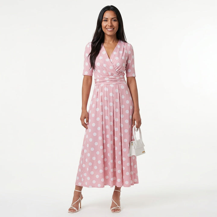Dames Midi Wikkeljurk Roze met Polkadot Print