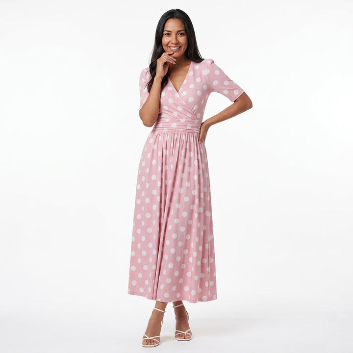 Dames Midi Wikkeljurk Roze met Polkadot Print