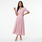 Women's Midi Wrap Dress Pink with Polka Dot Print