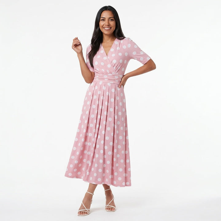 Dames Midi Wikkeljurk Roze met Polkadot Print
