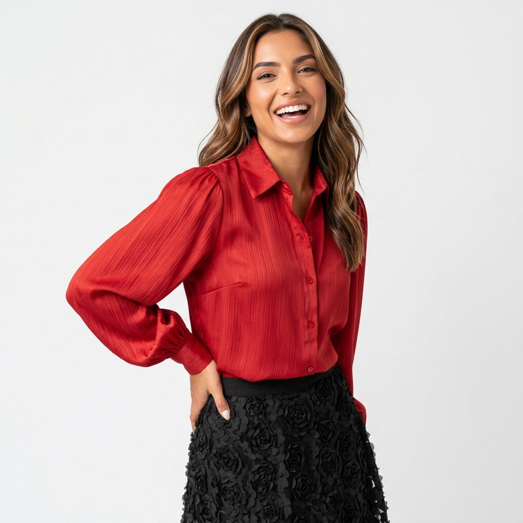 Elegante Dames Blouse met Pofmouwen Satijnen Blouse met