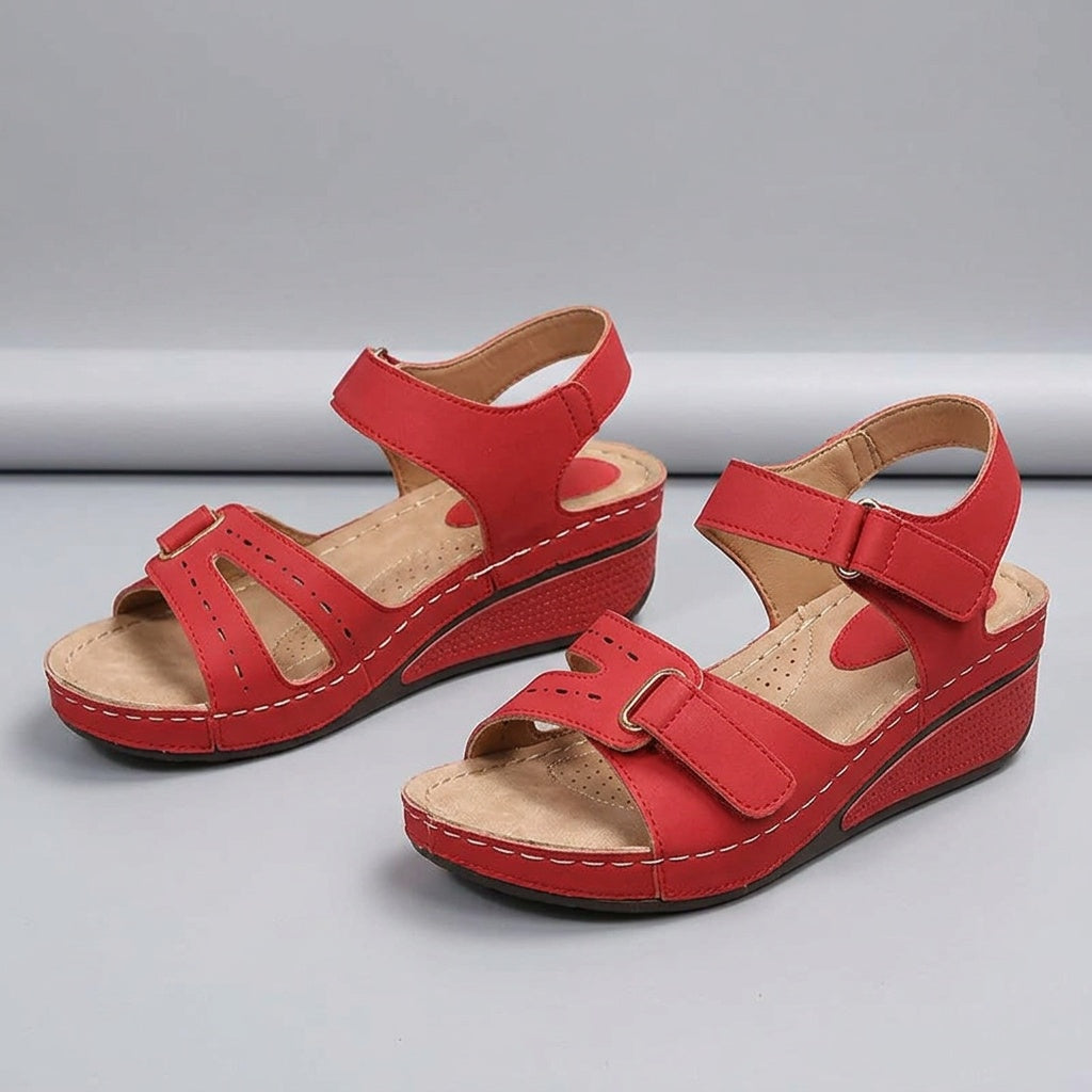 Red Comfort Sandals with Velcro and Wedge Heel