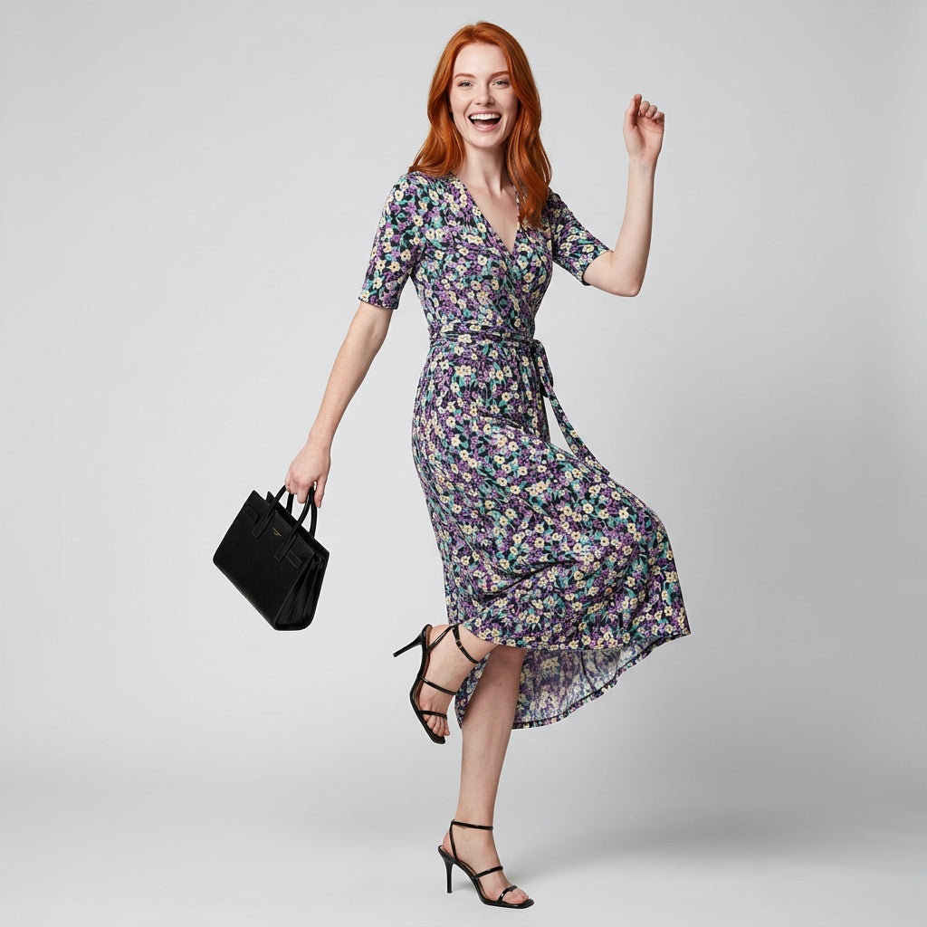 Dames Midi Wikkeljurk met Bloemenprint Elegante V-hals Jurk met