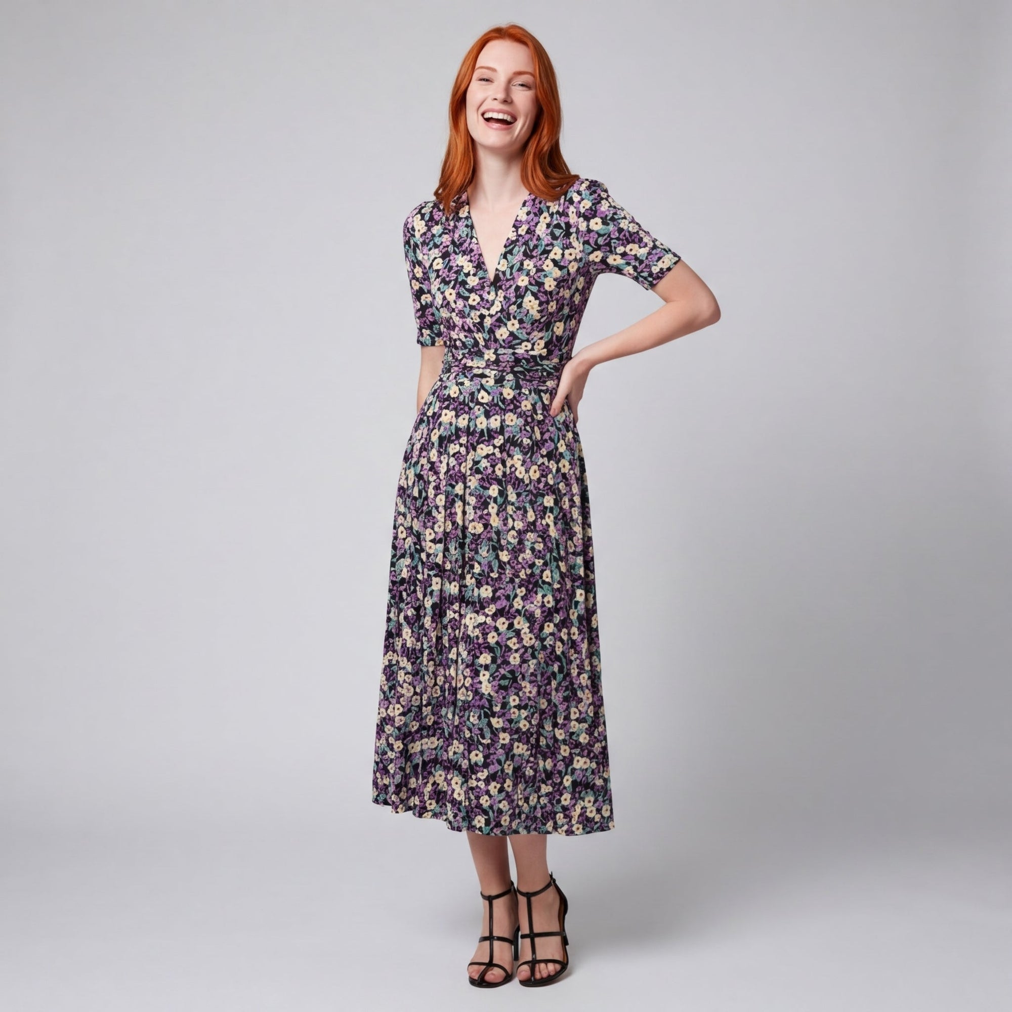 Women's Midi Wrap Dress with Floral Print Elegant V-Neck Dress with