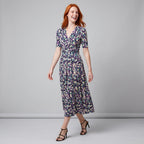 Women's Midi Wrap Dress with Floral Print Elegant V-Neck Dress with