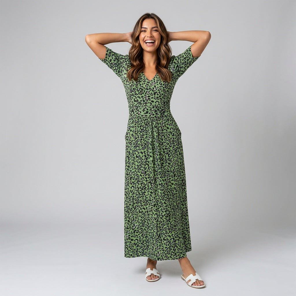 Dames Maxi Wikkeljurk Groen met Dierenprint