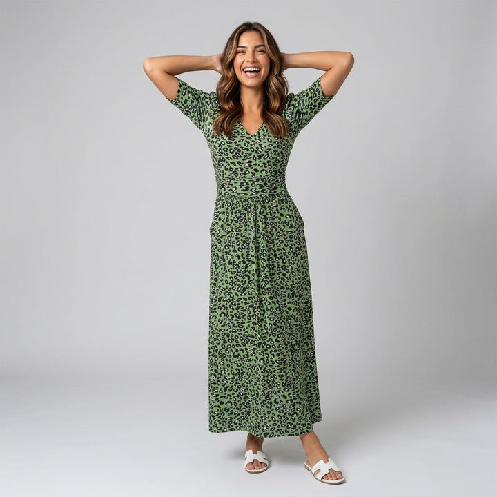 Dames Maxi Wikkeljurk Groen met Dierenprint