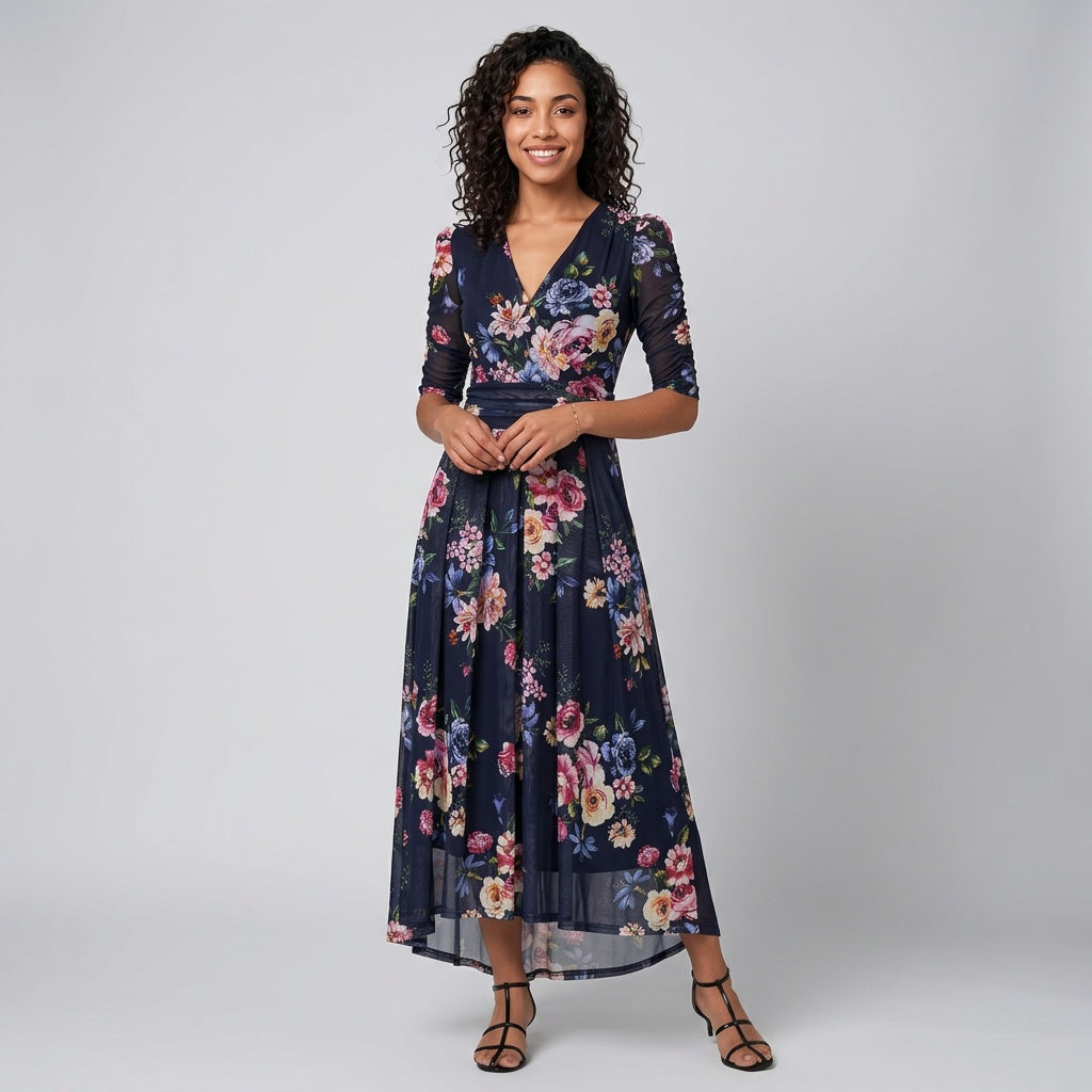 Dames Midi Jurk met Bloemenprint en Mesh Details