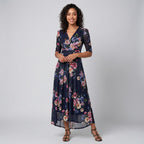 Women's Floral Print Midi Dress with Mesh Details