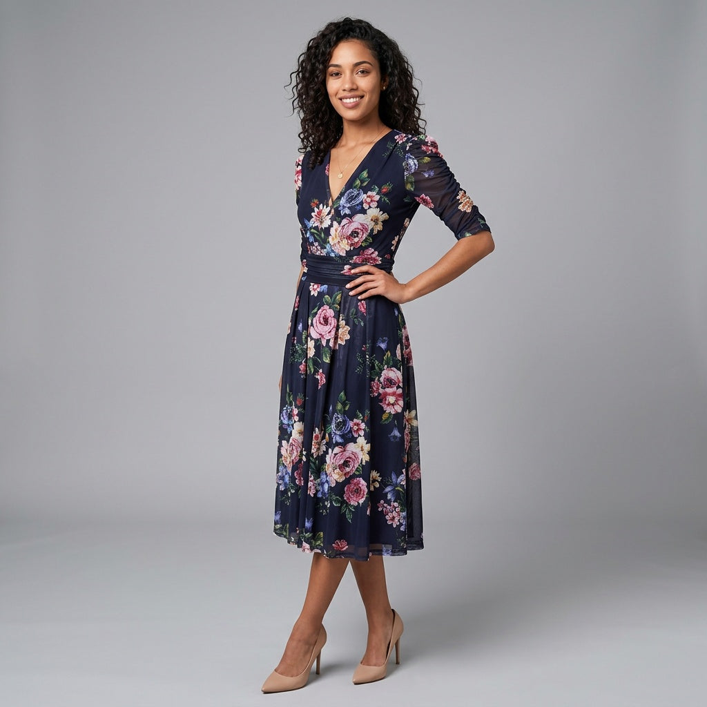Dames Midi Jurk met Bloemenprint en Mesh Details