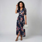 Women's Floral Print Midi Dress with Mesh Details