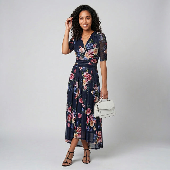 Dames Midi Jurk met Bloemenprint en Mesh Details