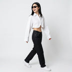 Women's White Long Sleeve Cropped Blouse