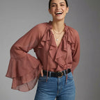 Roze Dames Blouse met V-Hals en Ruches