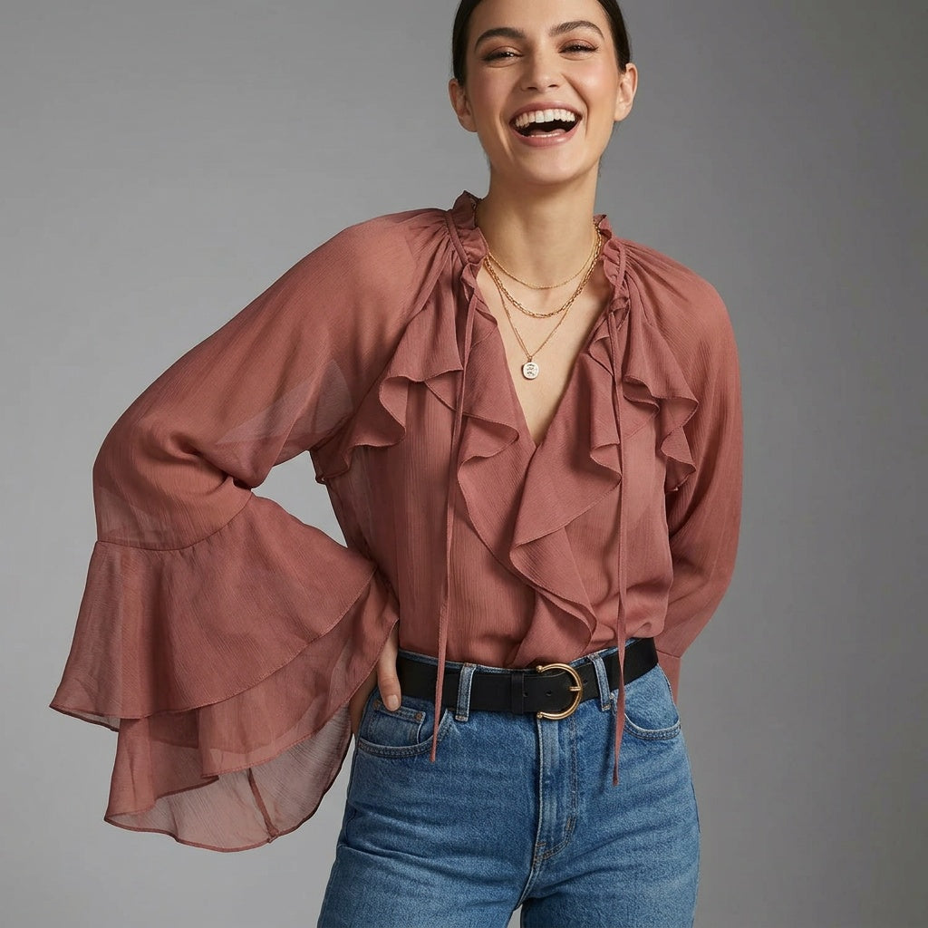 Roze Dames Blouse met V-Hals en Ruches