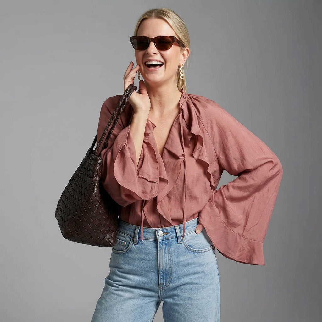 Roze Dames Blouse met V-Hals en Ruches