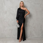 Black One-Shoulder Evening Gown with Slit