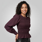 Women's Blouse with Smocked Waist and Long Sleeves