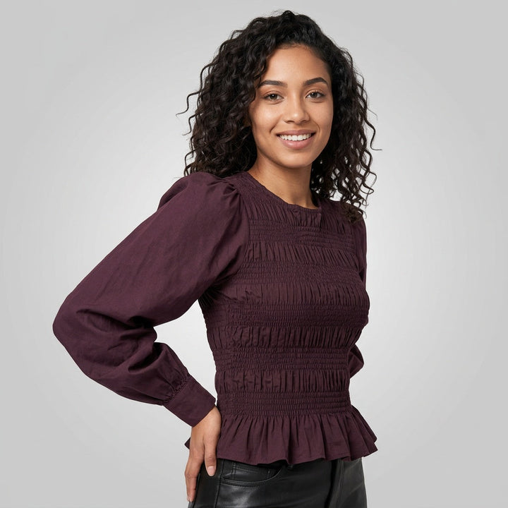 Dames Blouse met Gesmokte Taille en Lange Mouwen
