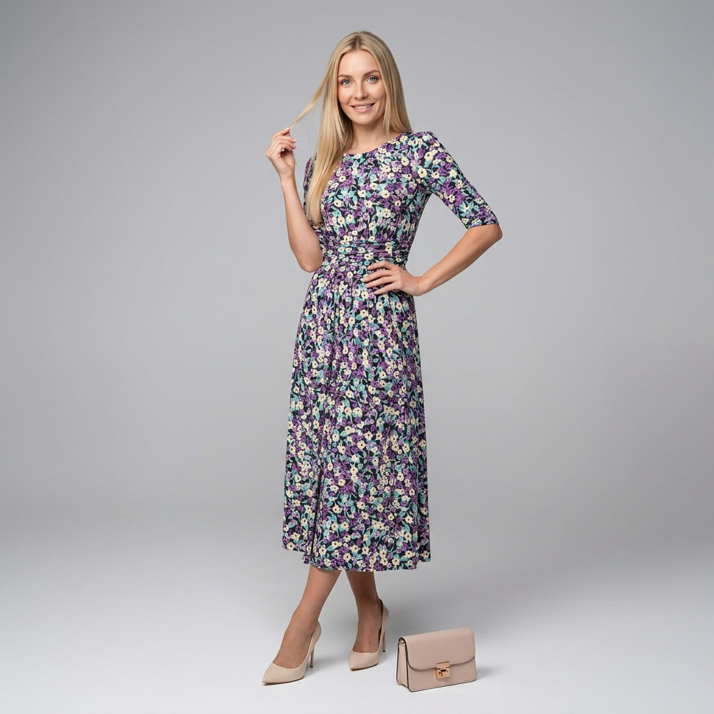 Women's Floral Print A-Line Maxi Dress with Long Sleeves