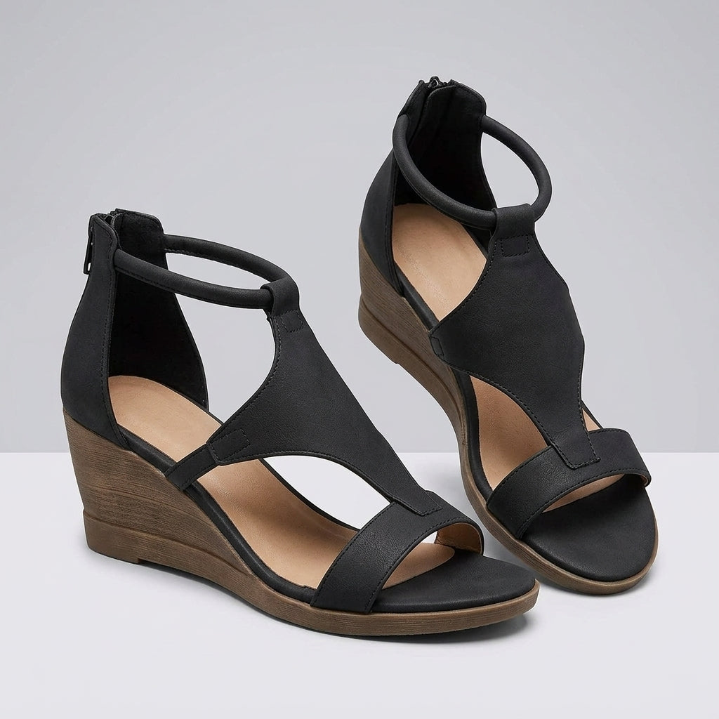 Grijze T-strap Sandalen met Sleehak Comfortabele Dames