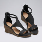 Grijze T-strap Sandalen met Sleehak Comfortabele Dames