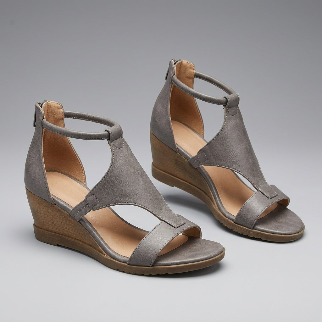 Grijze T-strap Sandalen met Sleehak Comfortabele Dames