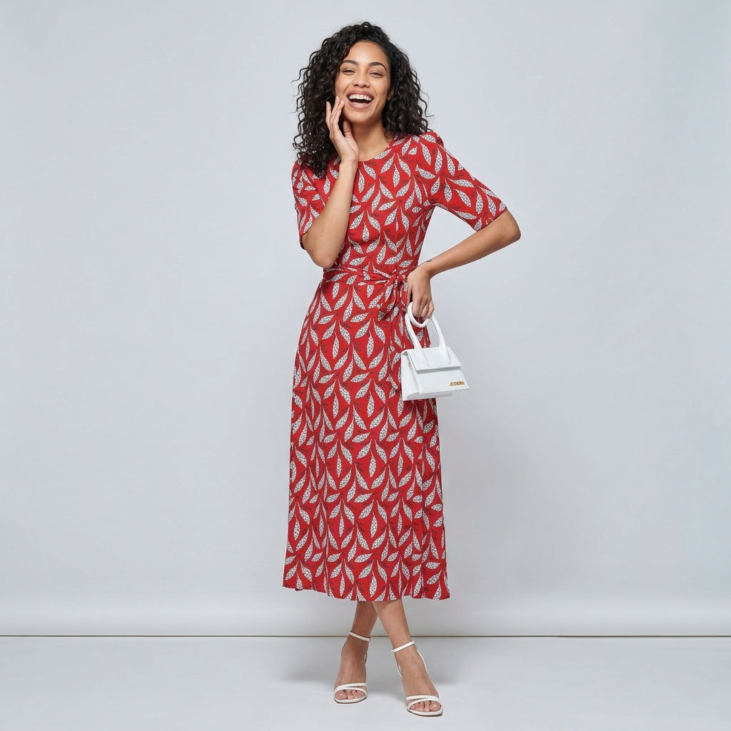 Dames Midi Wikkeljurk Rood met Bladprint