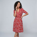 Women's Red Leaf Print Midi Wrap Dress