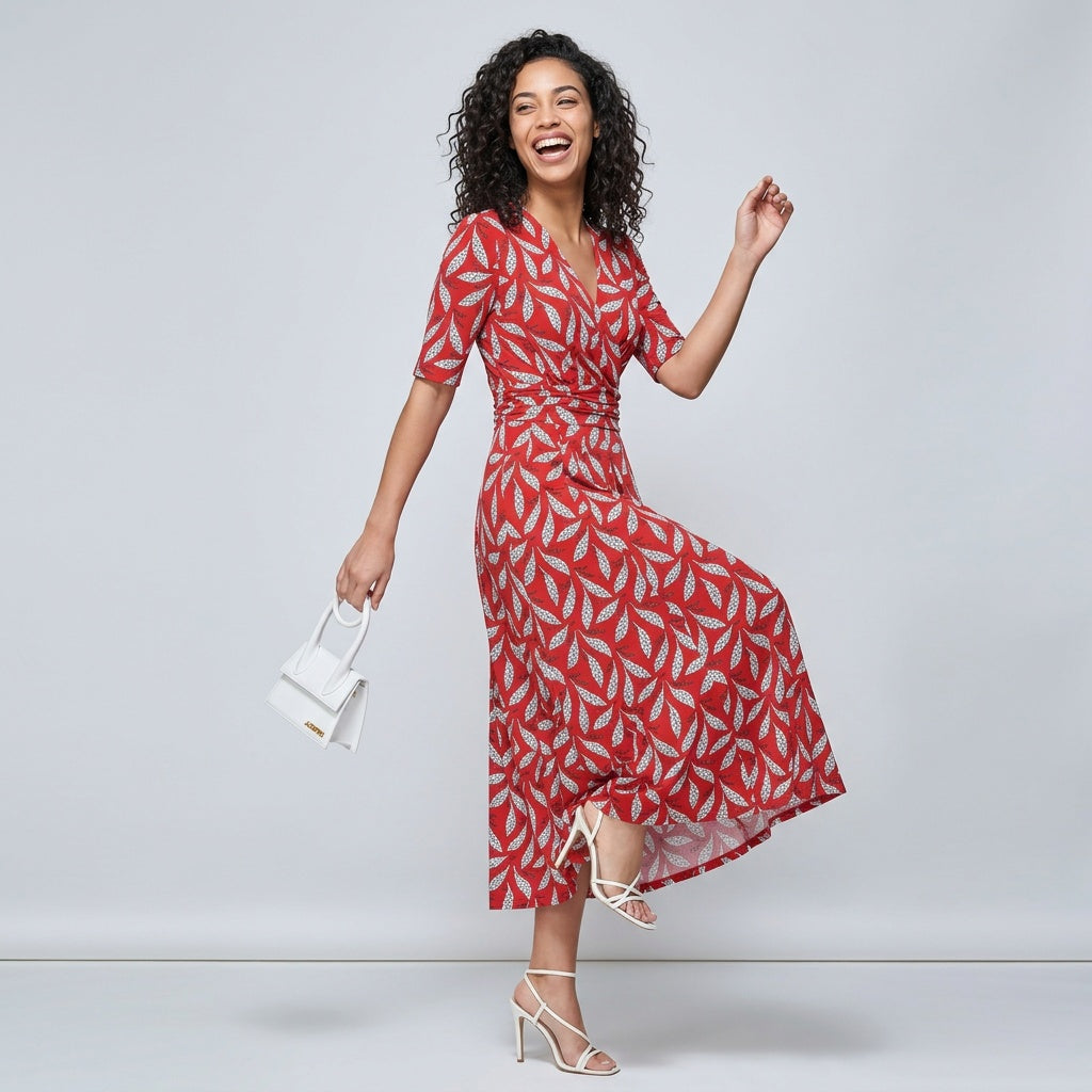 Women's Red Leaf Print Midi Wrap Dress