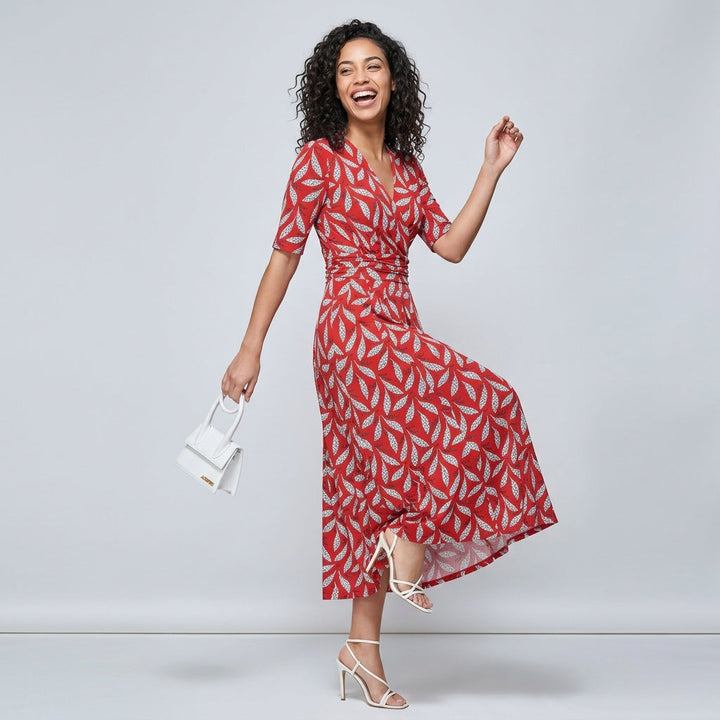 Dames Midi Wikkeljurk Rood met Bladprint