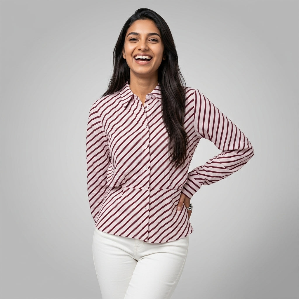 Dames Blouse met Strepen en Getailleerde Pasvorm met Lange Mouwen