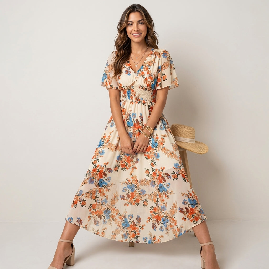 Dames Midi Jurk met Bloemenprint en Elastische Taille