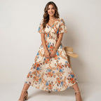 Women's Floral Print Midi Dress with Elastic Waist
