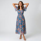 Women's Floral Print Midi Dress with Elastic Waist