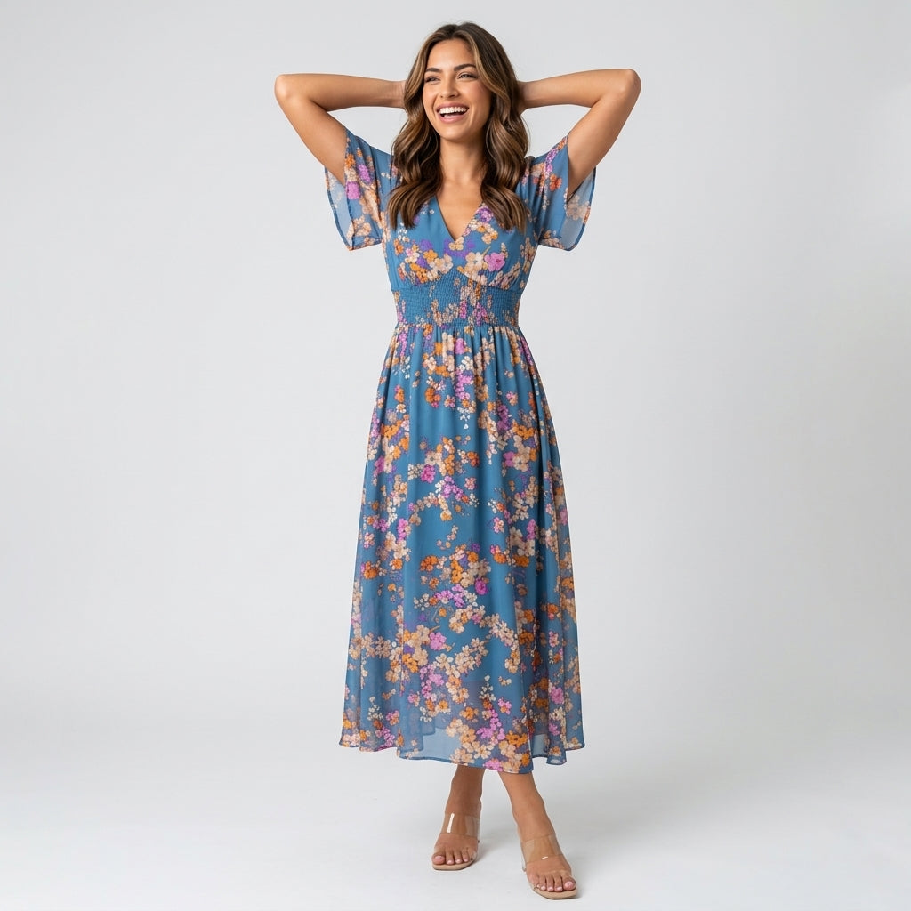 Women's Floral Print Midi Dress with Elastic Waist