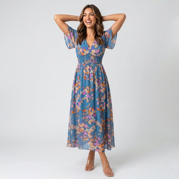 Dames Midi Jurk met Bloemenprint en Elastische Taille