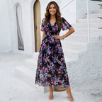 Women's Floral Print Midi Dress with Elastic Waist
