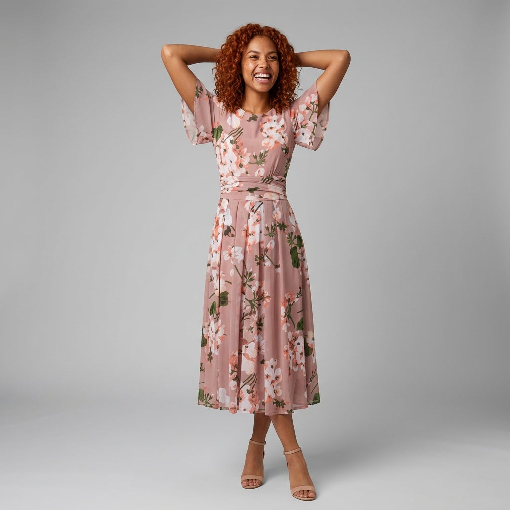 Dames Midi Jurk met Bloemenprint en Mesh Details