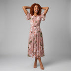 Women's Midi Dress with Floral Print and Mesh Details