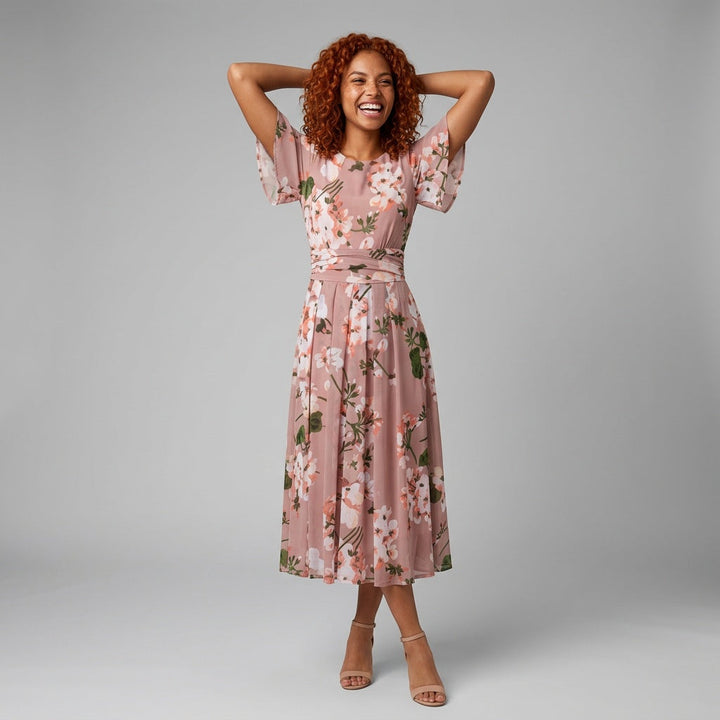 Dames Midi Jurk met Bloemenprint en Mesh Details
