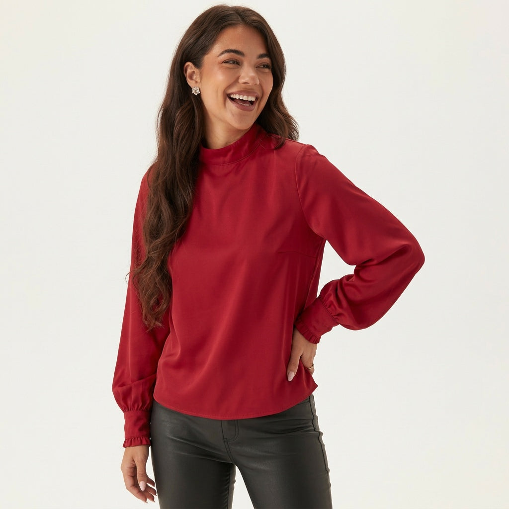 Dames Blouse met Ruches en Lange Mouwen Rode Elegante