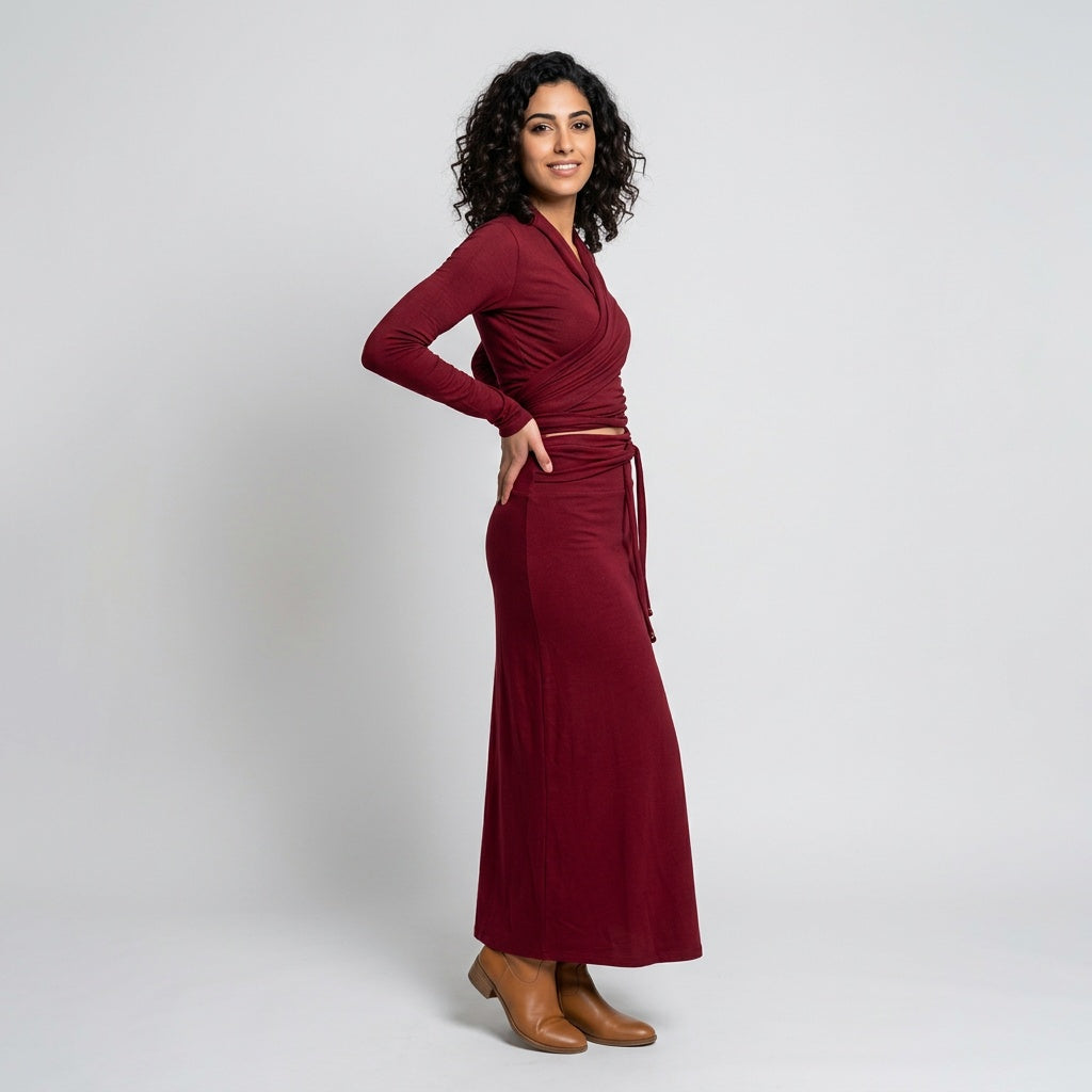 Dames Maxi Jurk Bordeaux met Lange Mouwen