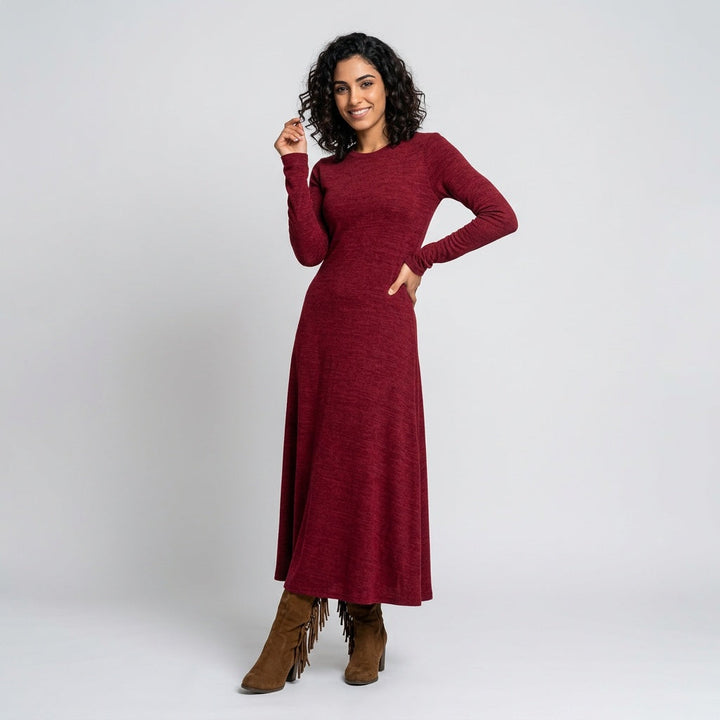 Dames Maxi Jurk Bordeaux met Lange Mouwen
