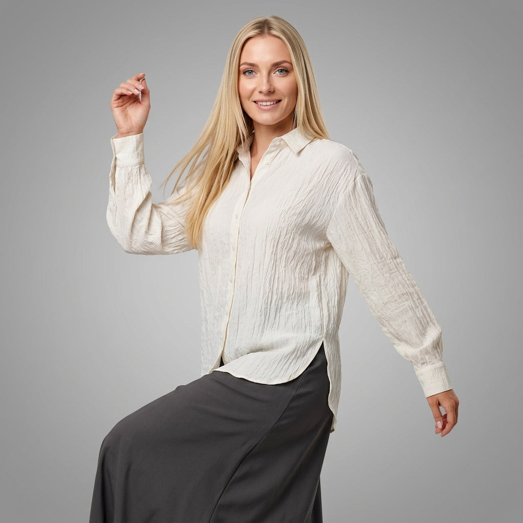 Dames Blouse met Kreukvrije Textuur en Lange Mouwen