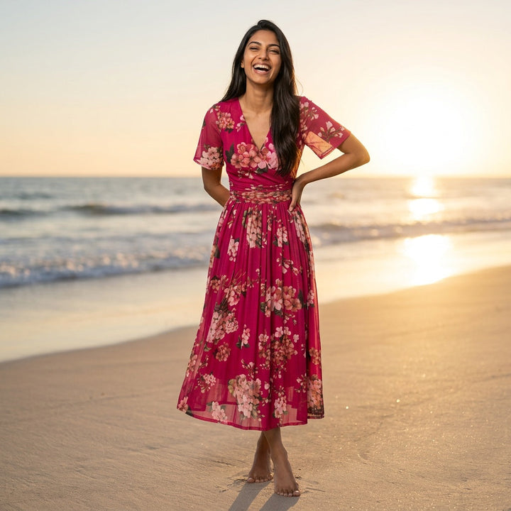 Dames Midi Jurk Roze met Bloemenprint Elegante Jurk met